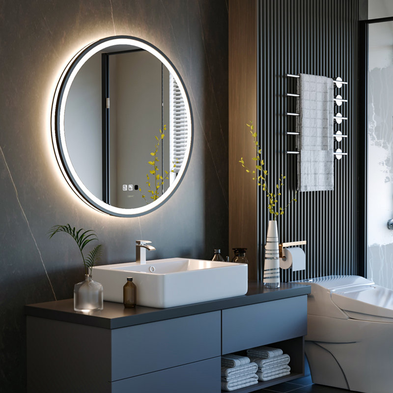 Ivy Bronx Balig Round Black Illuminated Dimmable LED Anti Fog Mirror Bathroom Vanity Mirror with ...